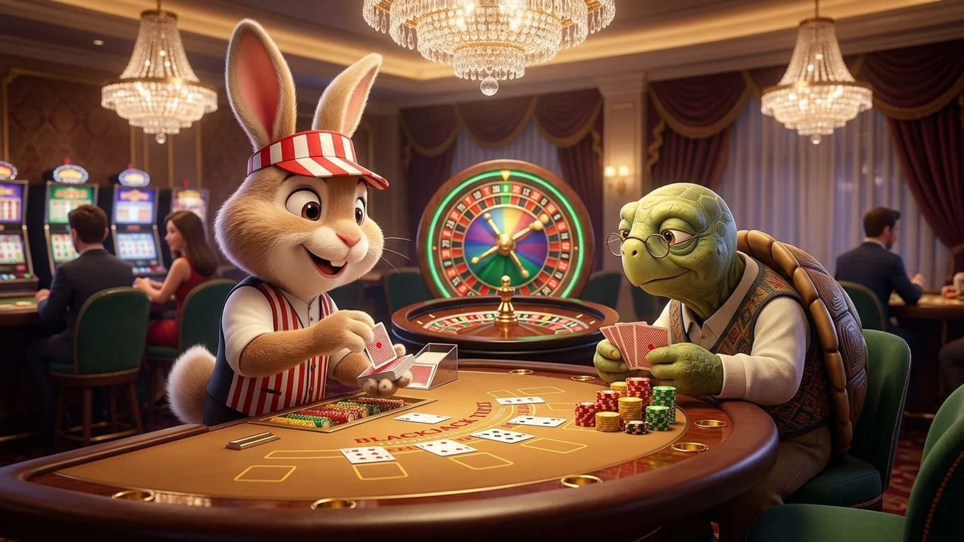 Two casino mascots engaged at a blackjack table, with cards and chips.